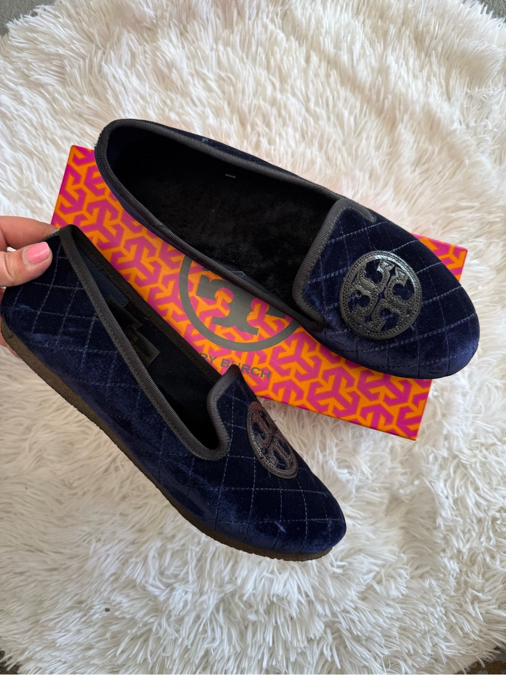 Tory Burch Quilted Navy Velvet Logo Slip-On Flats